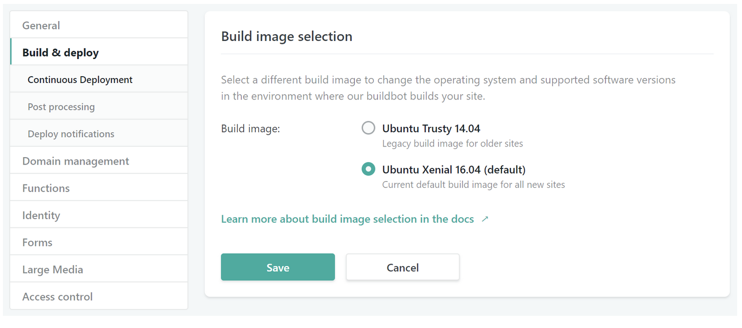 “Screenshot of Netlify UI menus to select an Ubuntu build image”